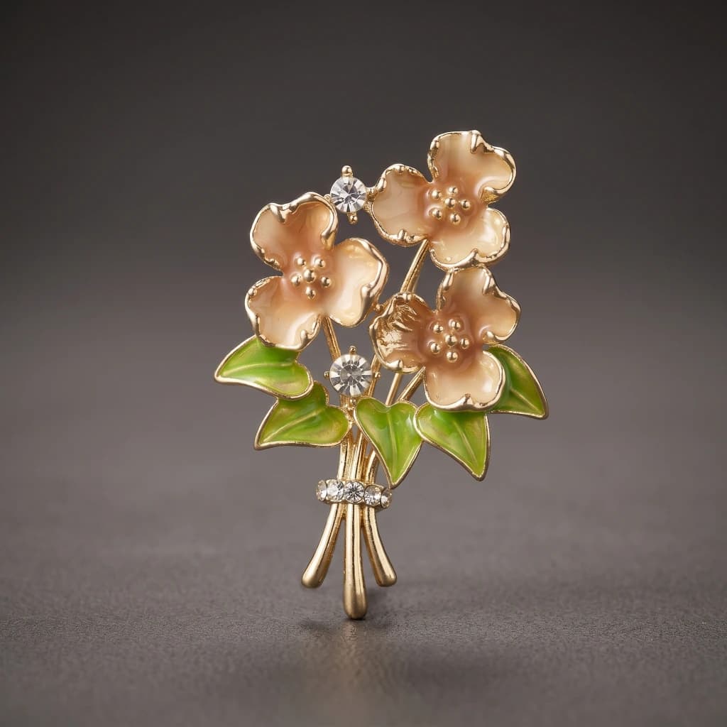 QDORA Peach Floral Enamel Crystal Saree Brooch image 1