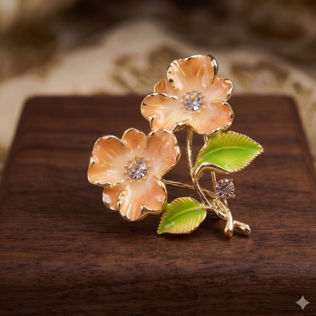 QDORA Large Gold Peach Floral Saree Brooch image 1