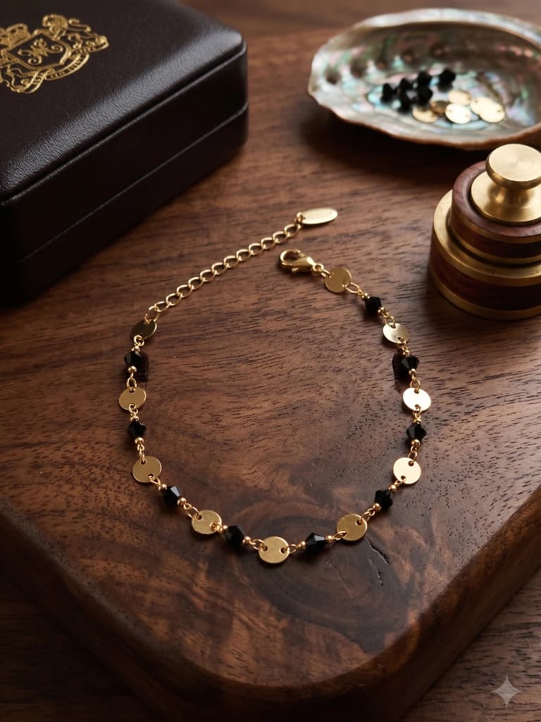 QDORA Gold Black Bead Disc Chain Anklet image 1