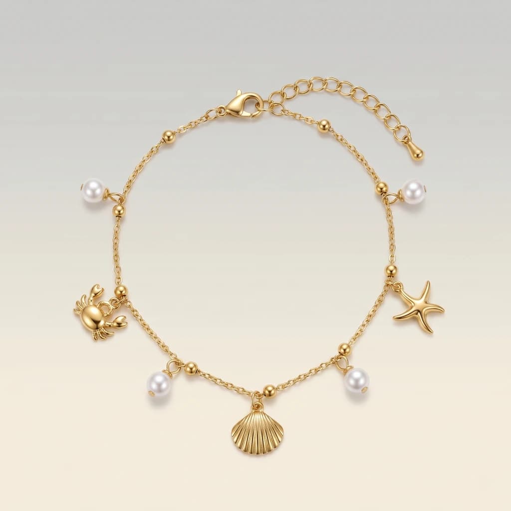 QDORA Gold Crystal & Shell Charm Anklet image 1