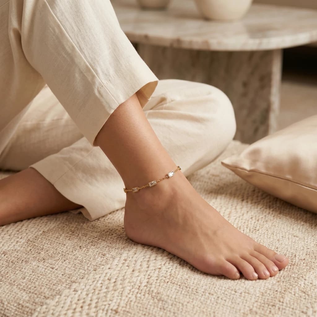 QDORA Gold Baguette Crystal Minimalist Chain Anklet image 2