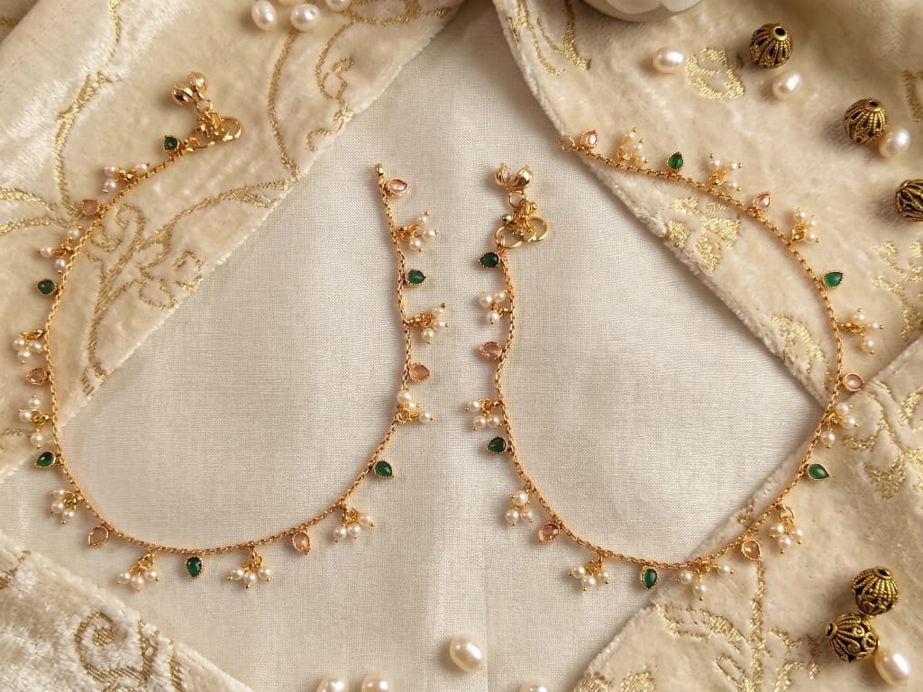 QDORA Gold Pearl & Green Stone Traditional Payal image 1