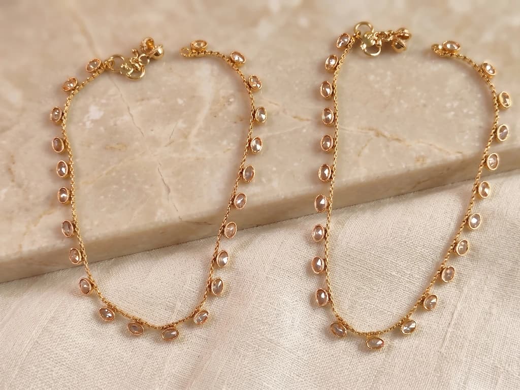 QDORA Gold Oval Stone Beaded Chain Anklet Set image 1