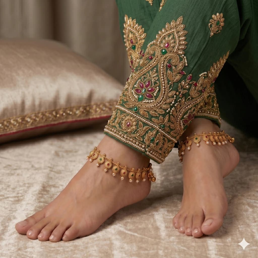 QDORA Gold Multi-Stone Pearl Traditional Payal image 1