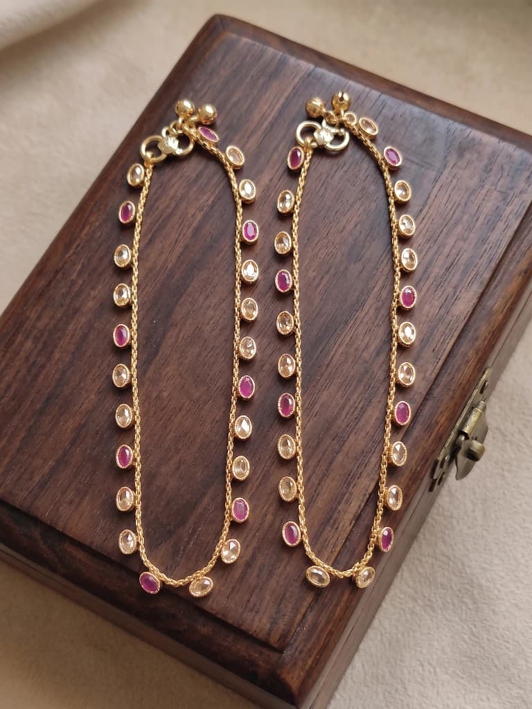 QDORA Gold Ruby & Clear Stone Beaded Chain Anklet Set image 1