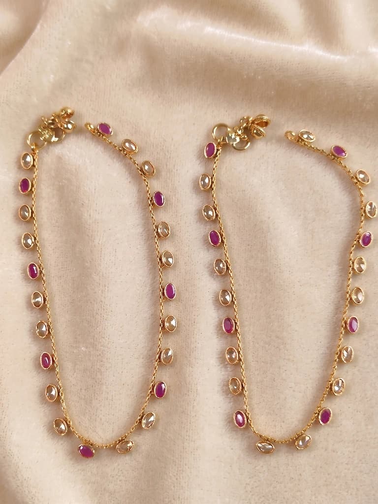 QDORA Gold Ruby & Clear Stone Beaded Chain Anklet Set image 2