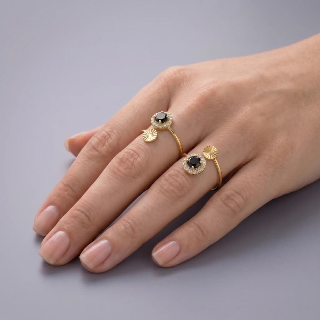 QDORA Gold Black Stone Halo Open Ring image 2