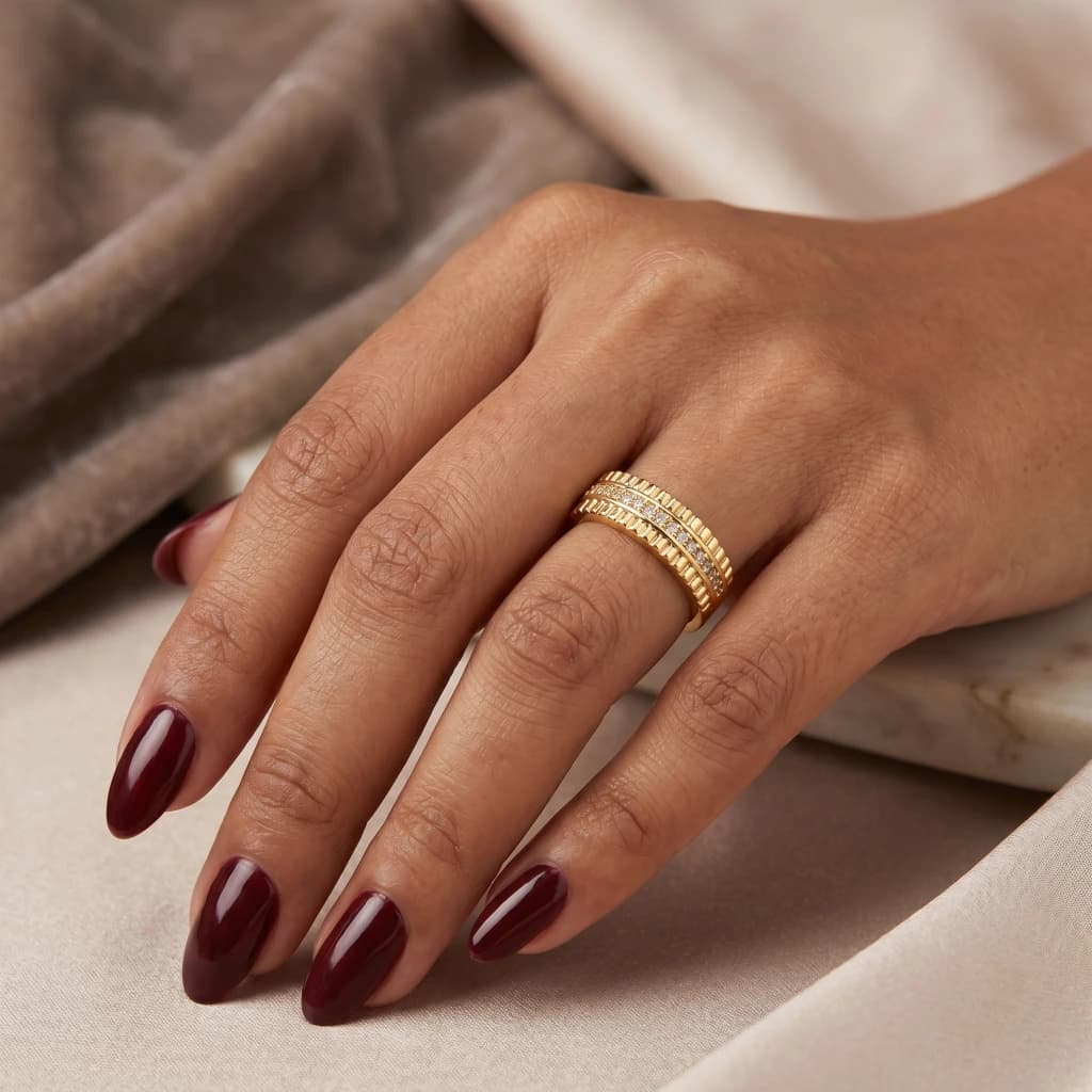 QDORA Gold Textured Crystal Band Open Ring image 1