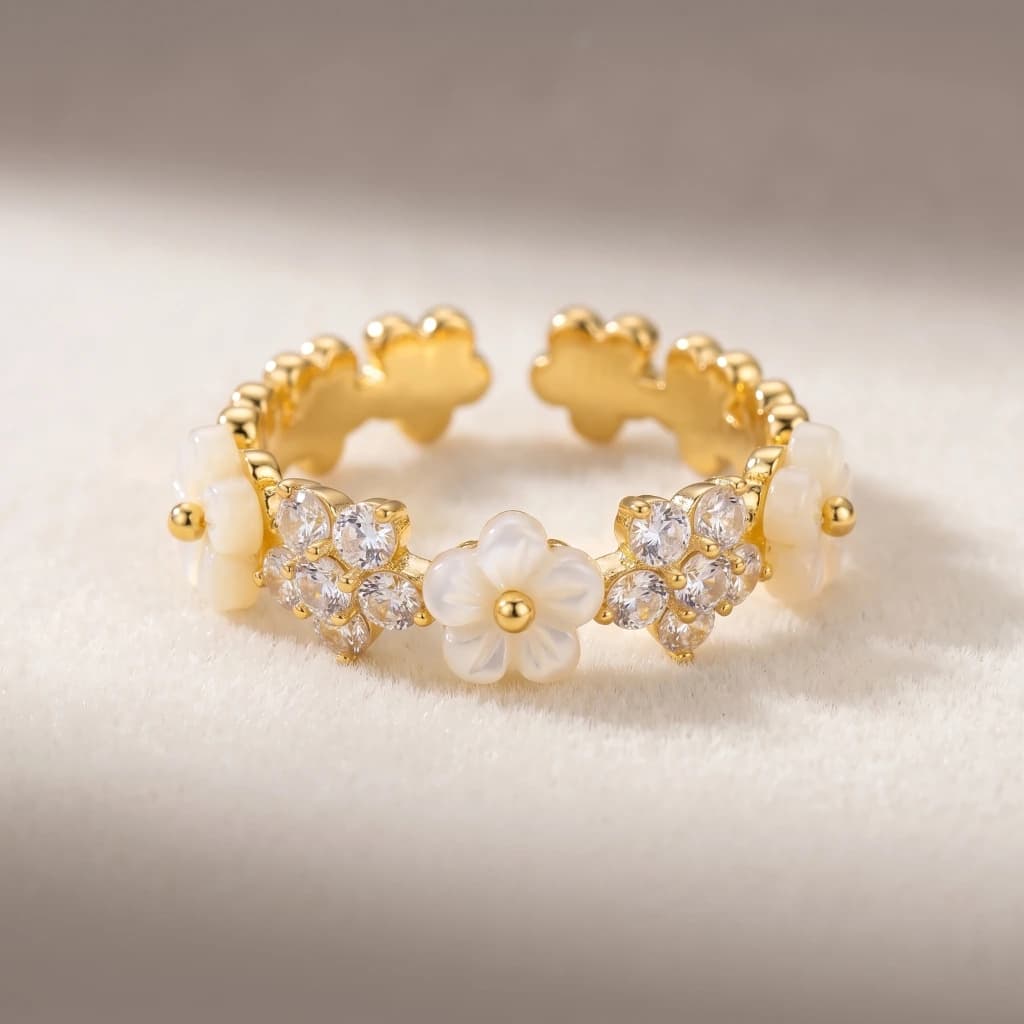 QDORA Gold Floral Pearl Adjustable Ring image 1