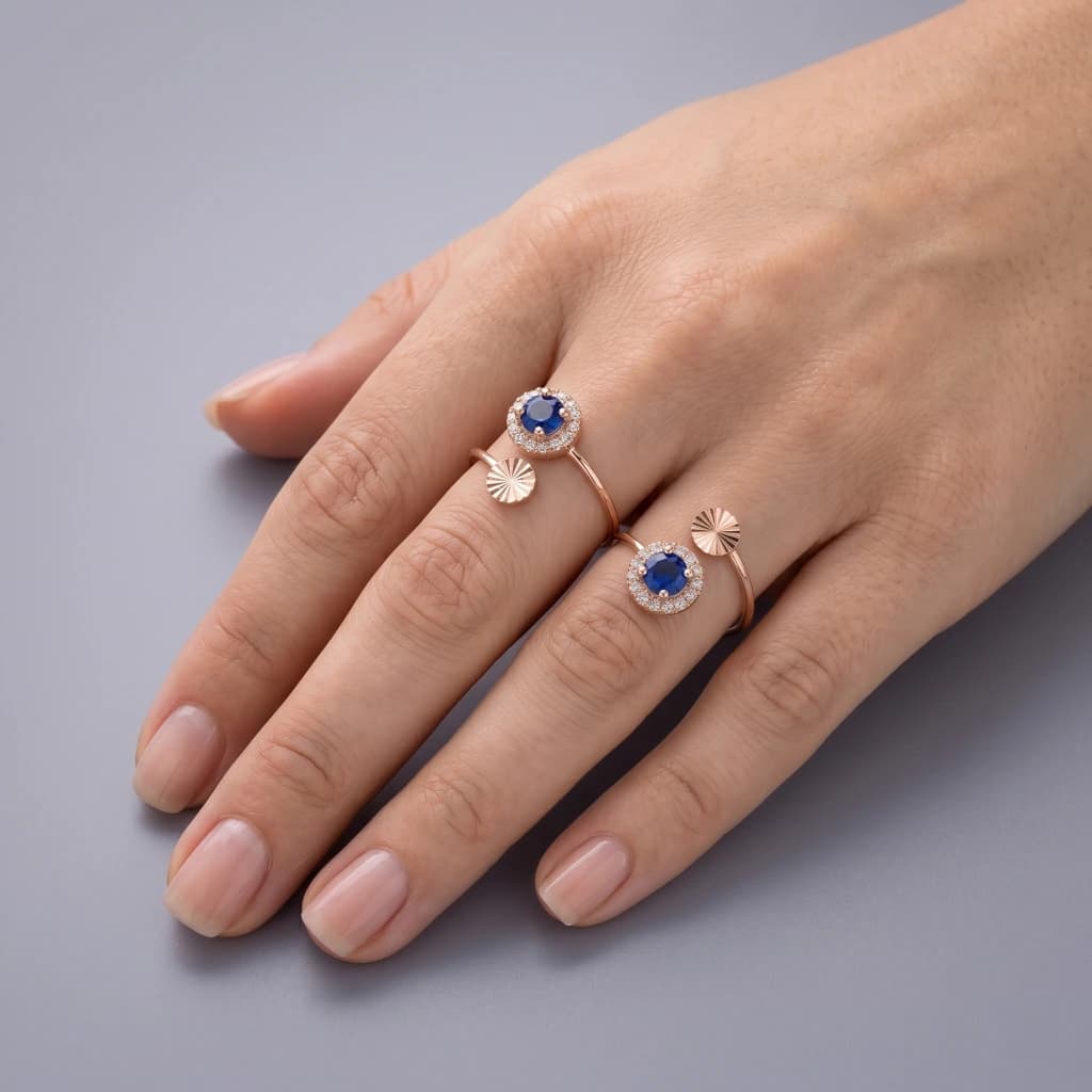 QDORA Rose Gold Blue Stone Halo Open Ring image 1