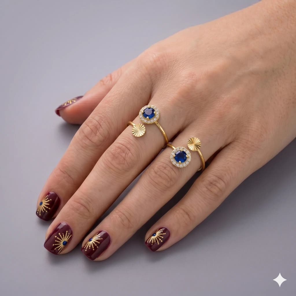 QDORA Gold Blue Stone Halo Open Ring image 2
