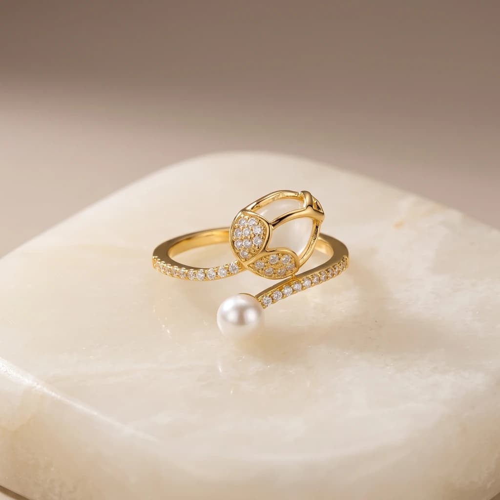 QDORA Gold Pearl White Stone Open Ring image 1