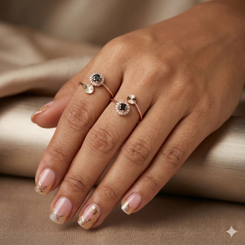 QDORA Rose Gold Black Stone Halo Open Ring image 2