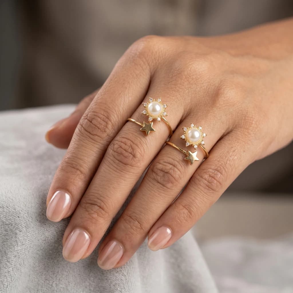 QDORA Gold Pearl Star Sunburst Open Ring image 2