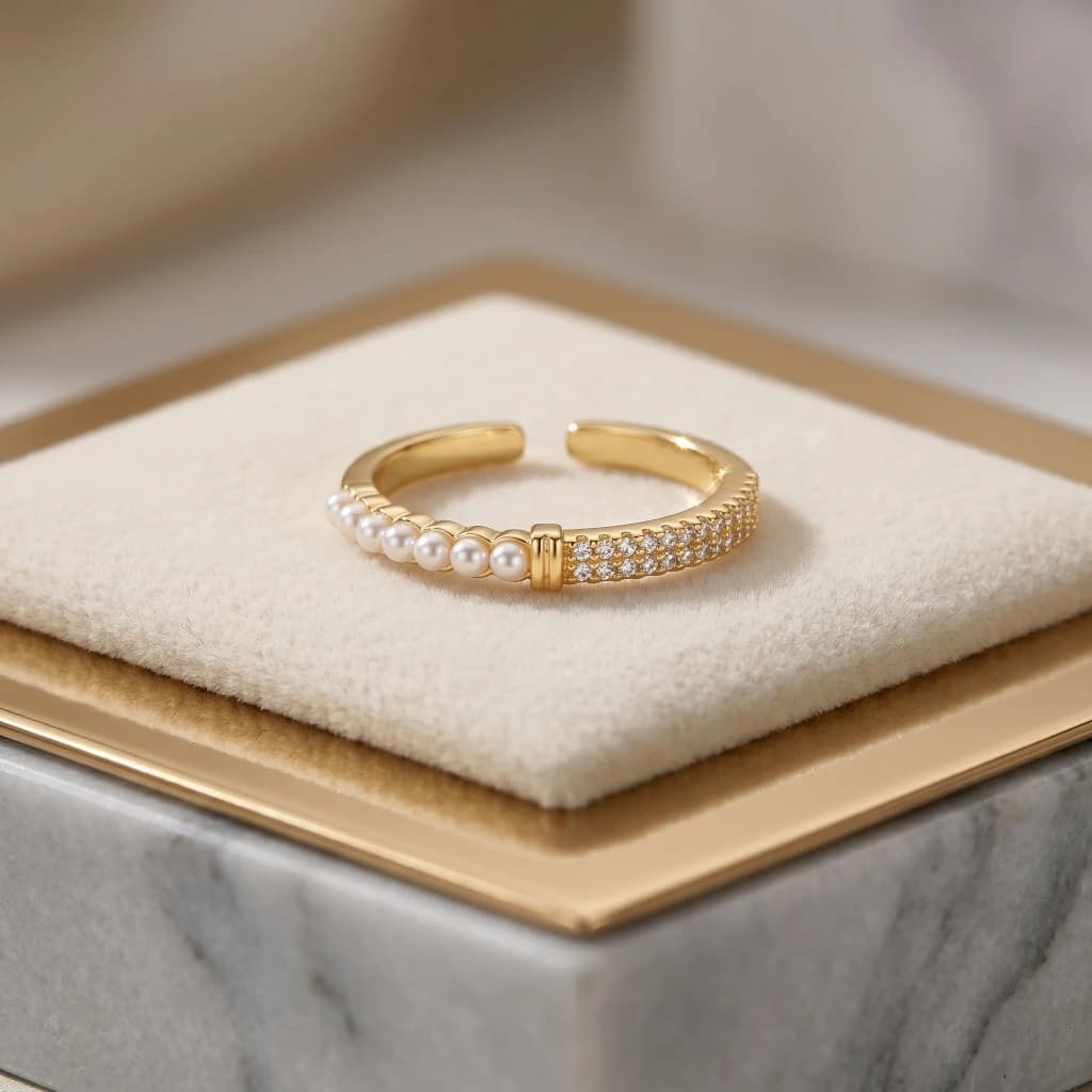 QDORA Gold Pearl Crystal Split Band Open Ring image 1
