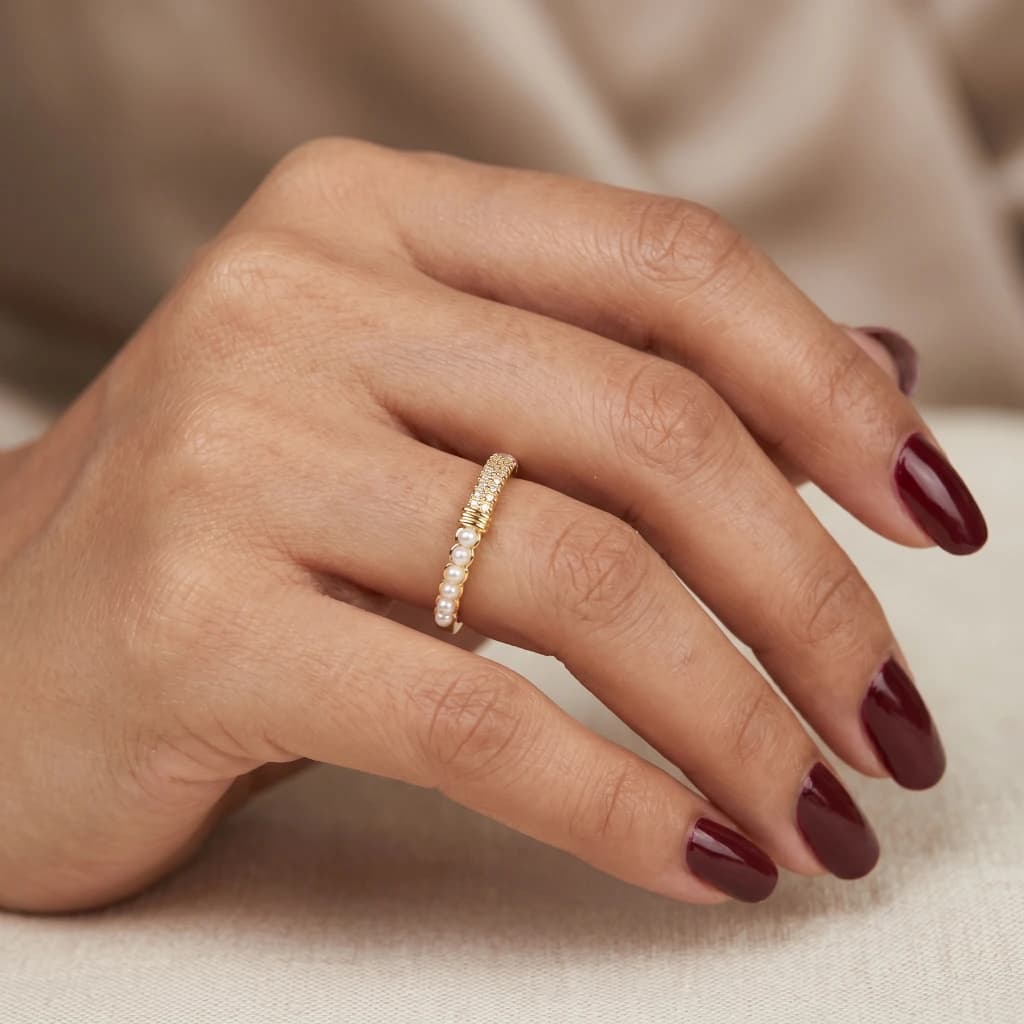QDORA Gold Pearl Crystal Split Band Open Ring image 3
