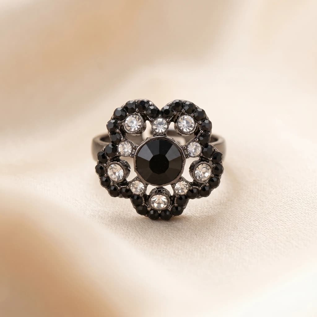 QDORA Silver Black Floral Cocktail Ring image 4