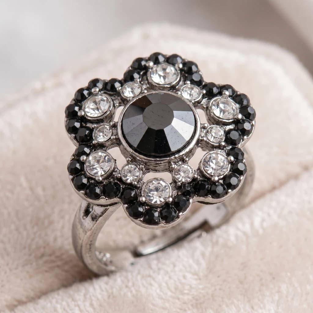 QDORA Silver Black Floral Cocktail Ring image 2