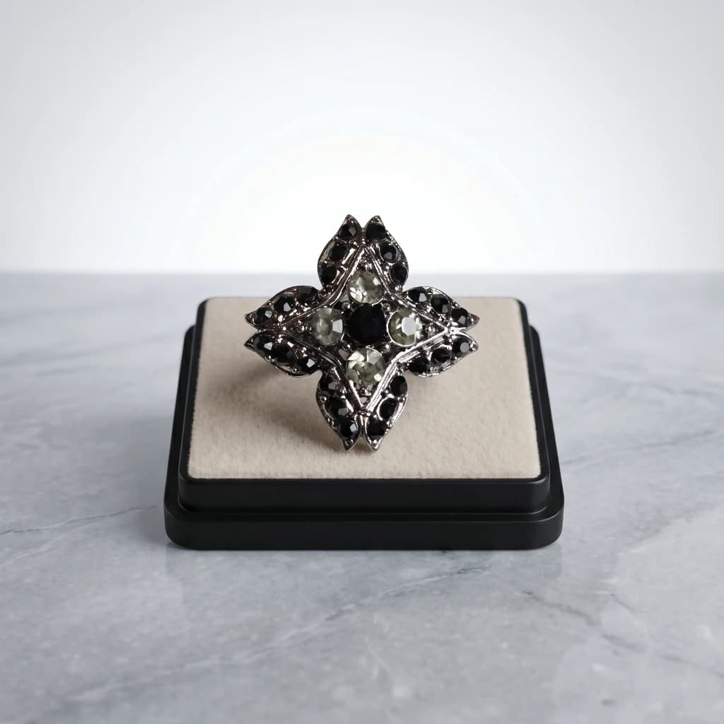 QDORA Silver Black Grey Geometric Cocktail Ring image 2