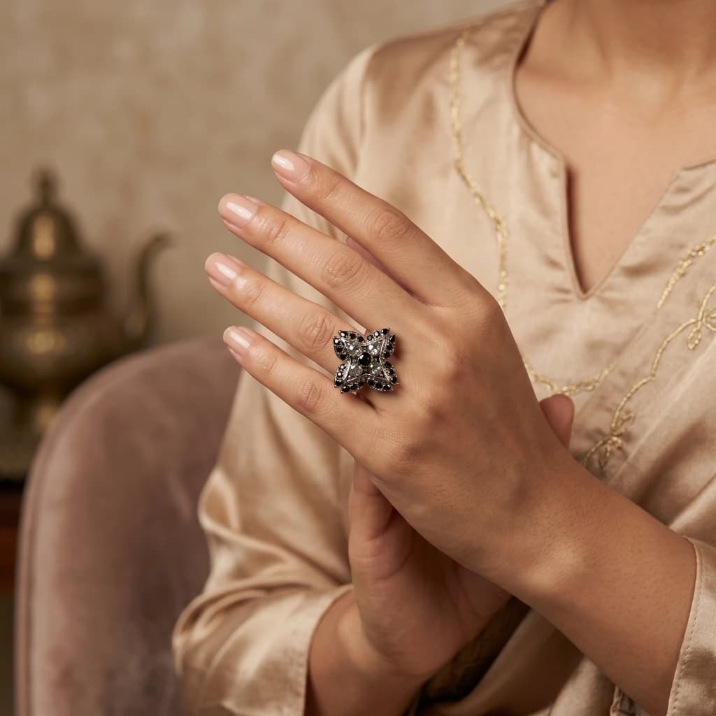 QDORA Silver Black Grey Geometric Cocktail Ring image 1