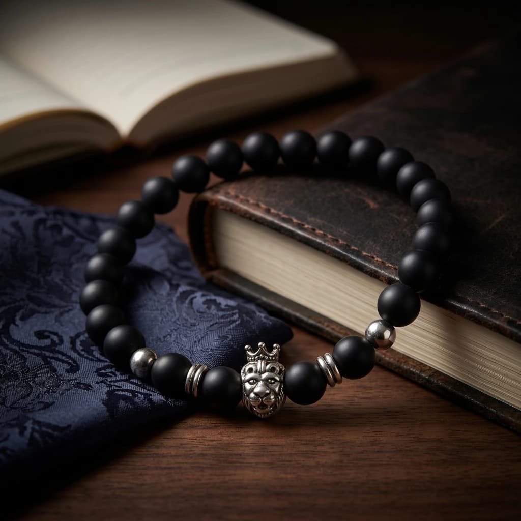 QDORA Black Beaded Silver Lion Bracelet image 1