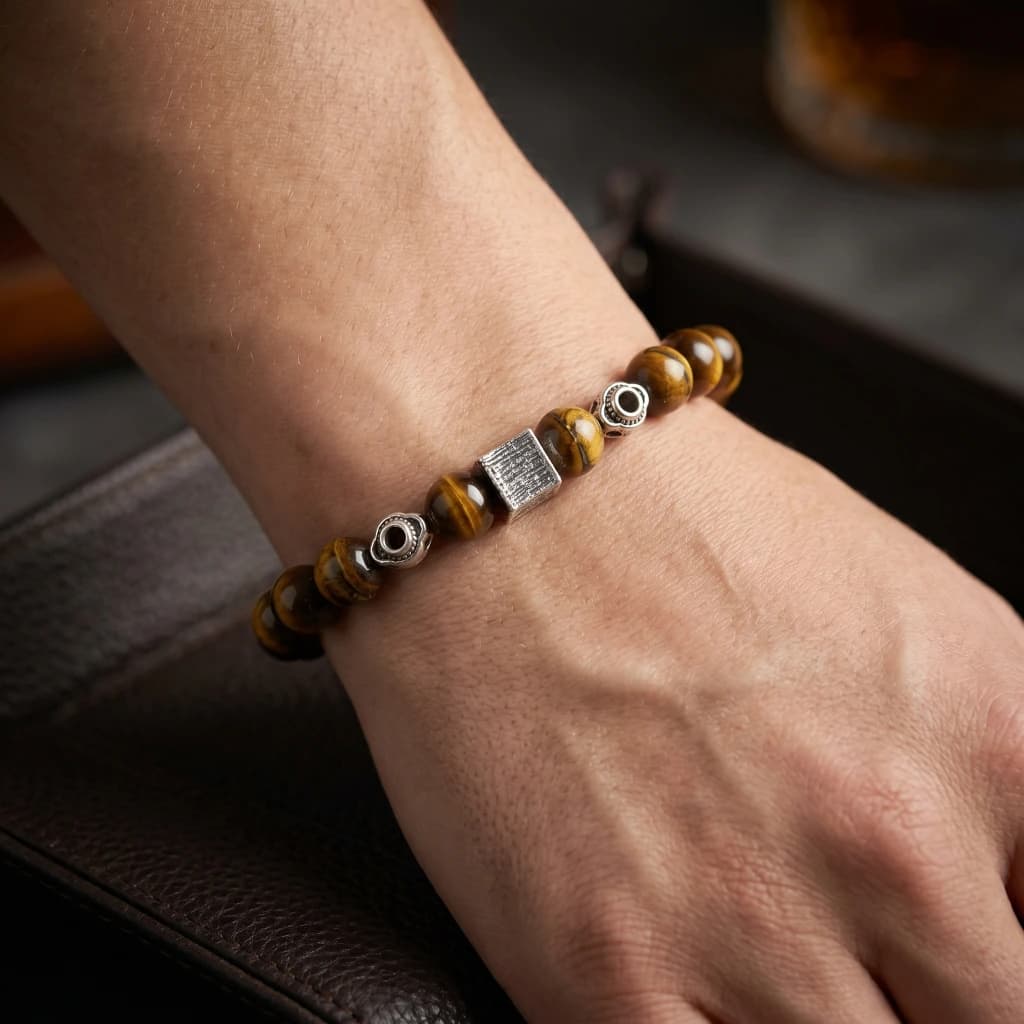 QDORA Brown Tigers Eye Silver Bead Bracelet image 2
