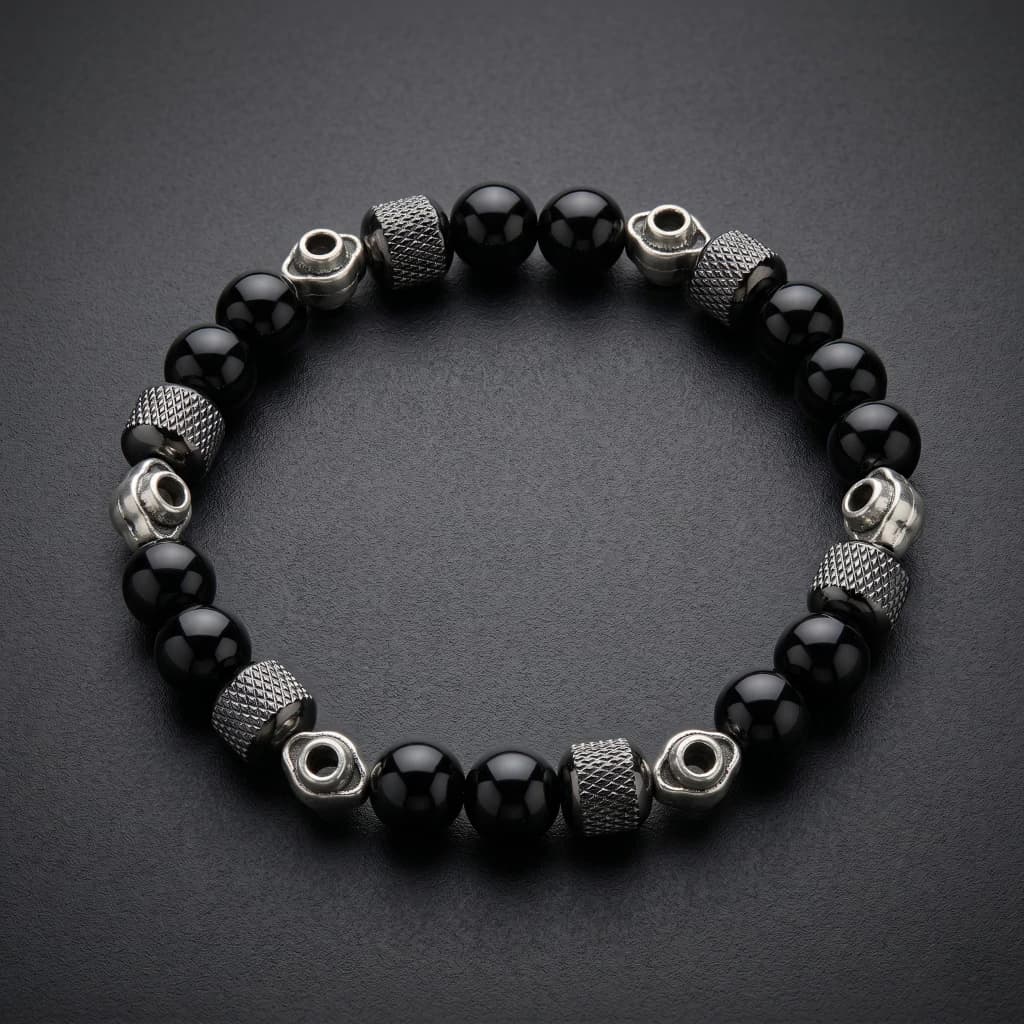 QDORA Black Glossy Bead Textured Silver Bracelet image 1