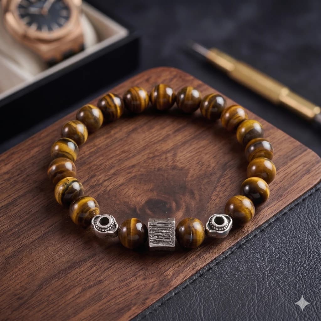 QDORA Brown Tigers Eye Silver Bead Bracelet image 1