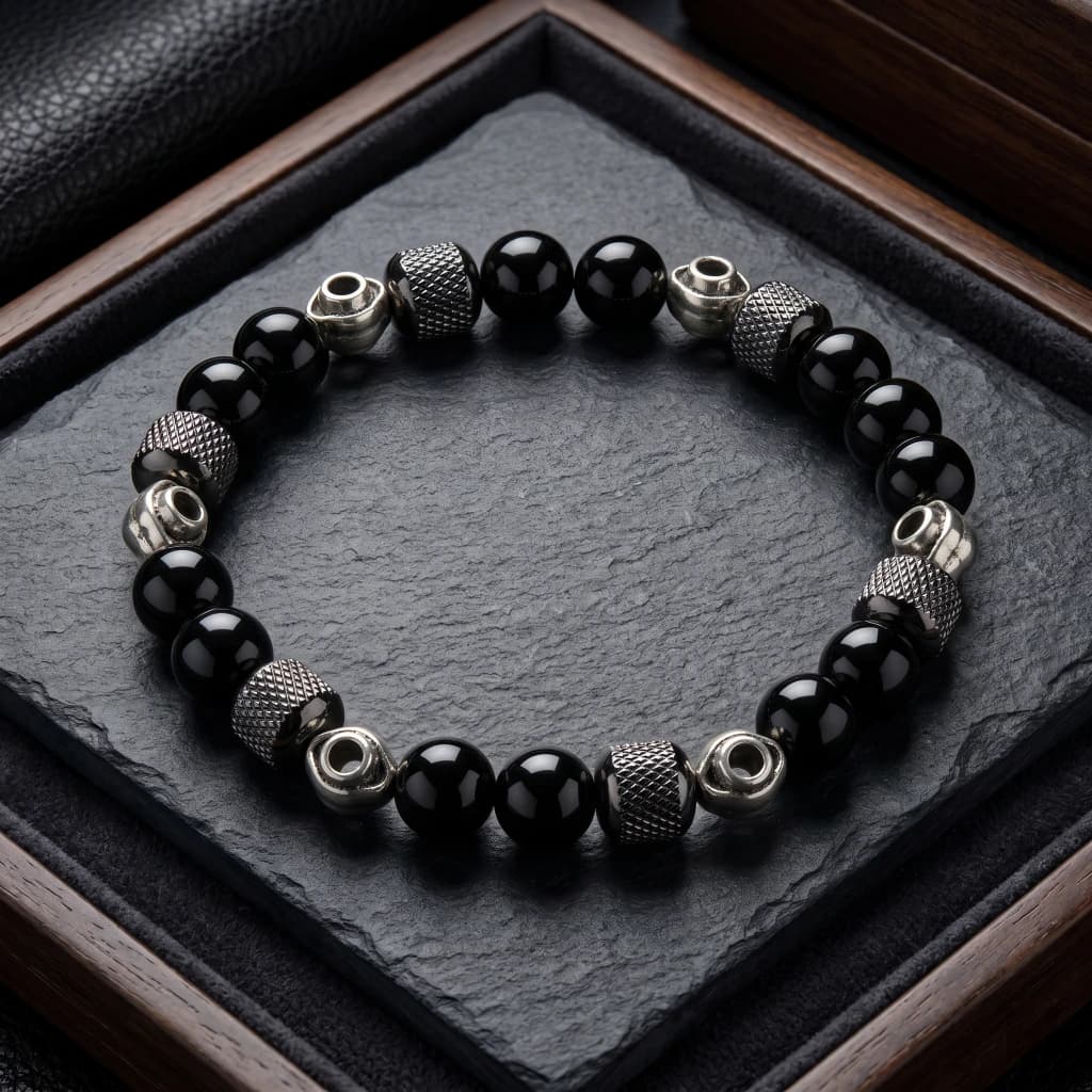 QDORA Black Glossy Bead Textured Silver Bracelet image 3