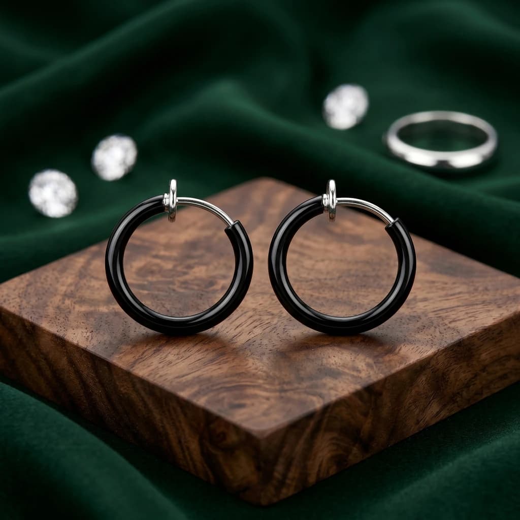 QDORA Black Stainless Steel Non Pierced Hoop Earrings image 2