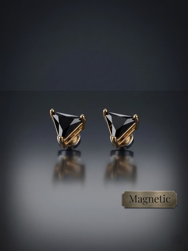 QDORA Gold Triangle Black Stone Magnetic Earrings image 2
