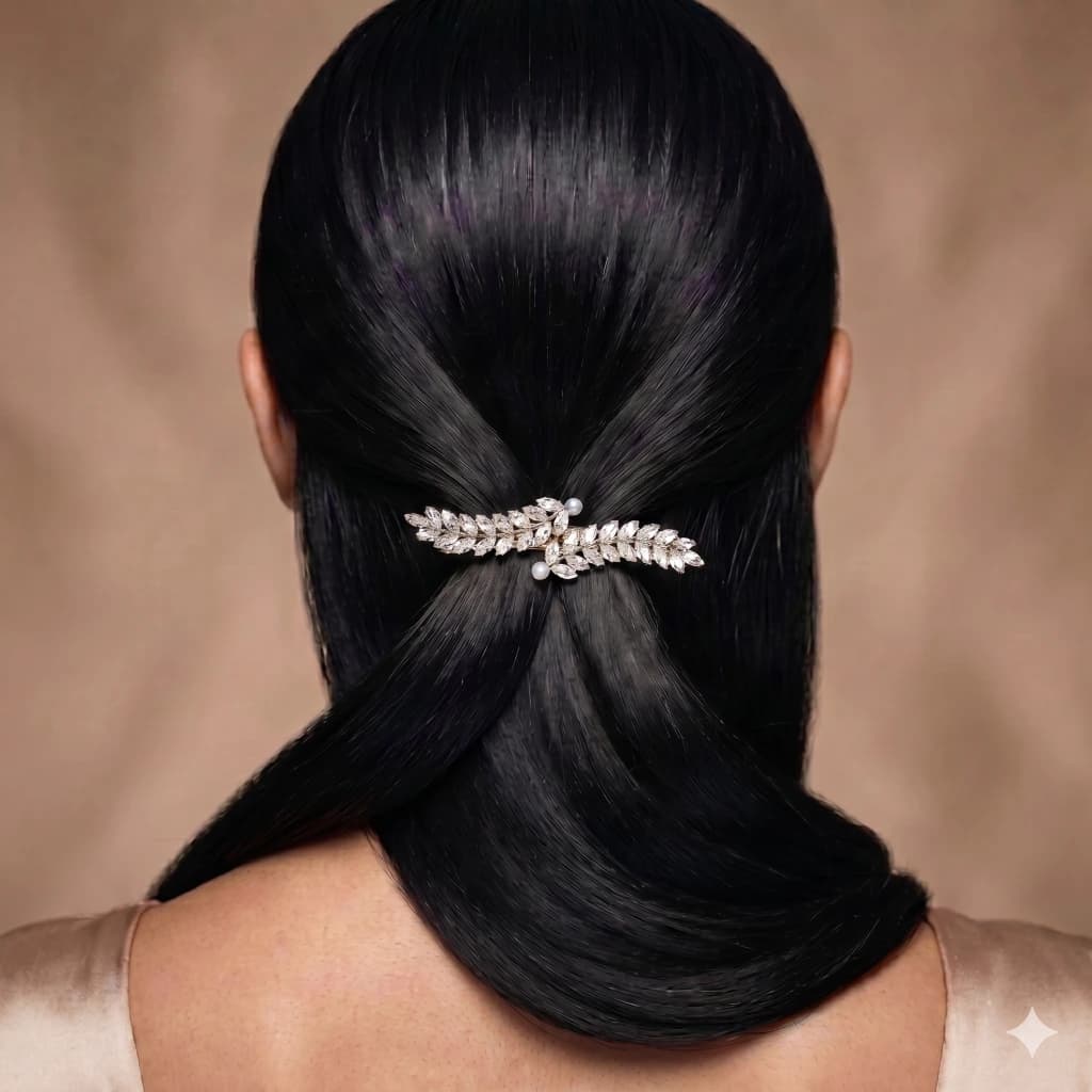 QDORA Silver Crystal Leaf Bridal Hair Barrette image 1