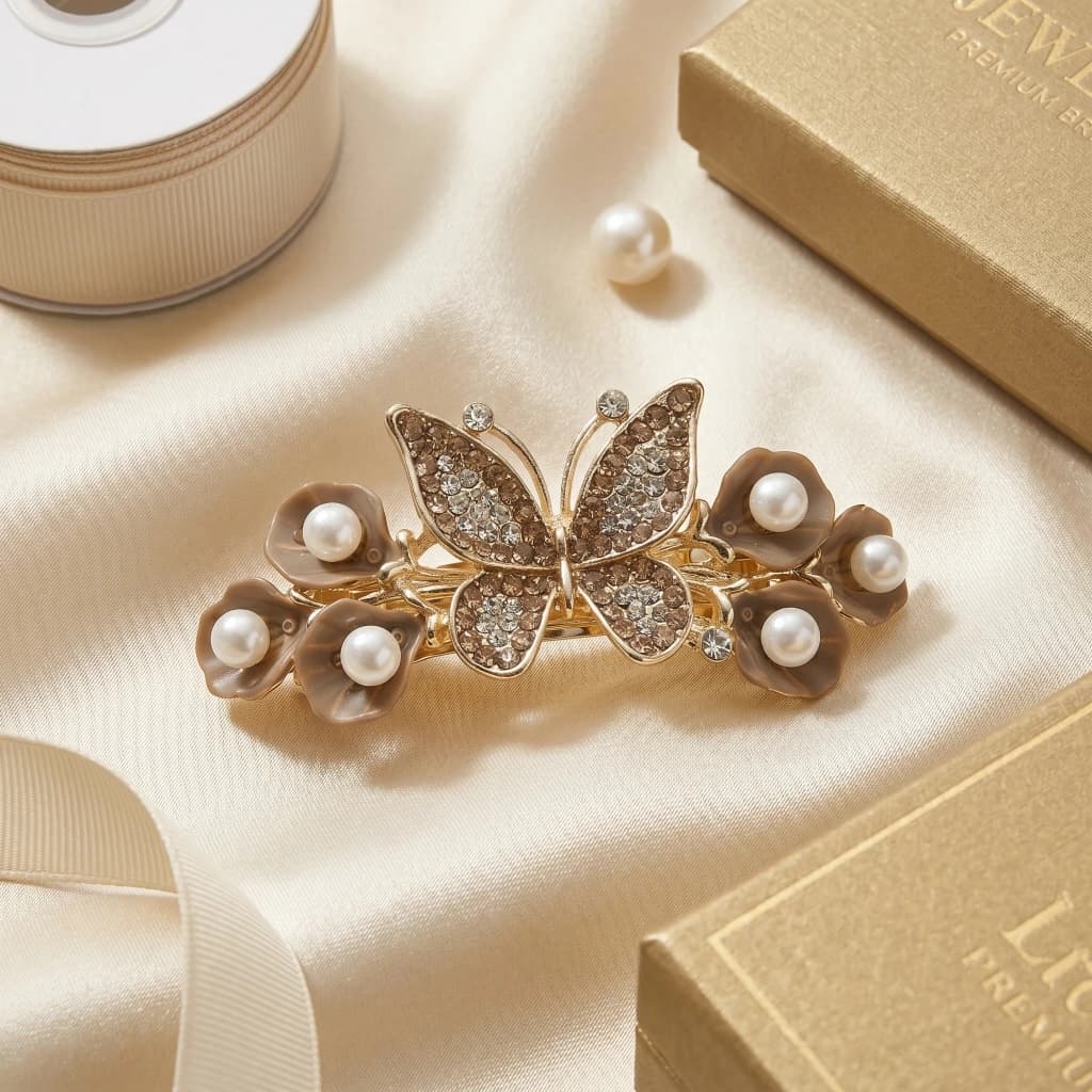 QDORA Gold Butterfly Pearl French Barrette image 1