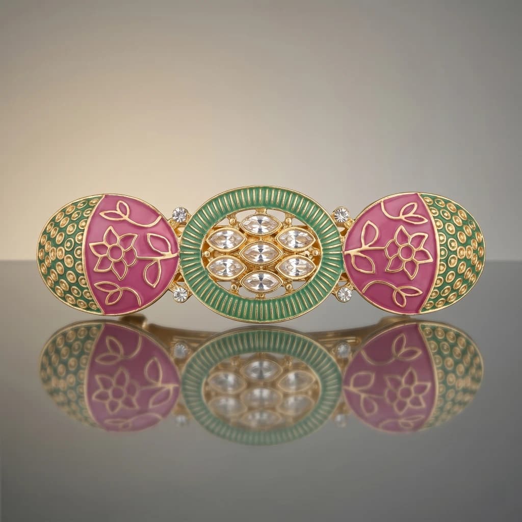QDORA Gold Enamel Pink Green Hair Barrette image 1