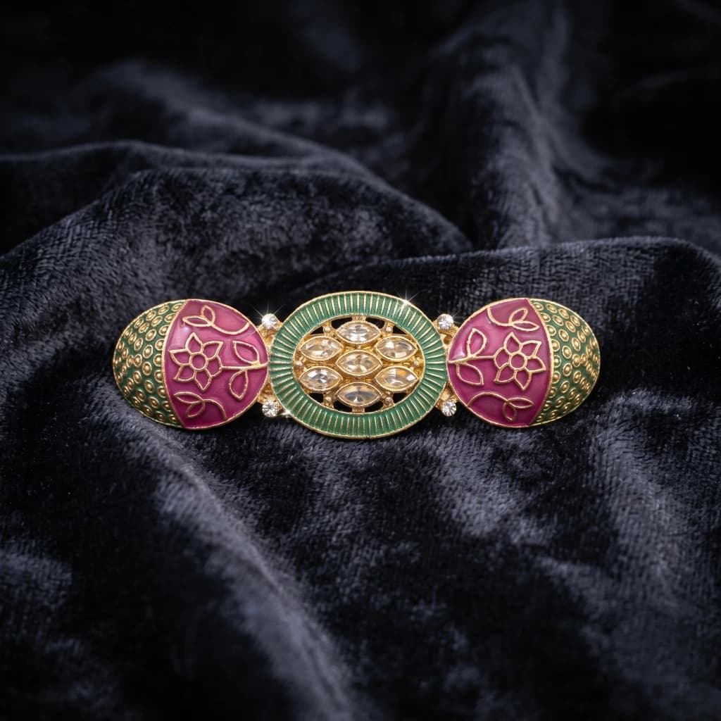 QDORA Gold Enamel Pink Green Hair Barrette image 2
