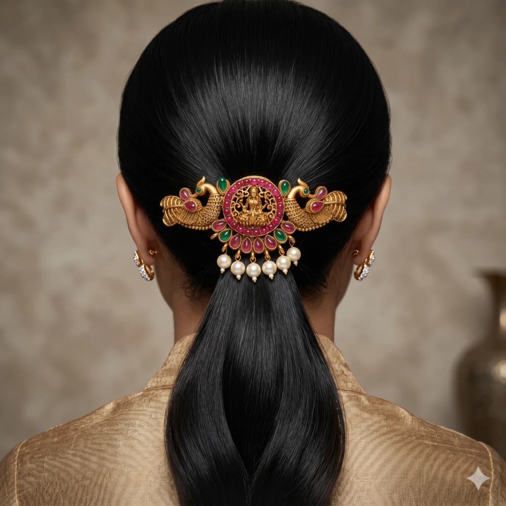 QDORA Antique Gold Peacock Lakshmi Temple Barrette image 2