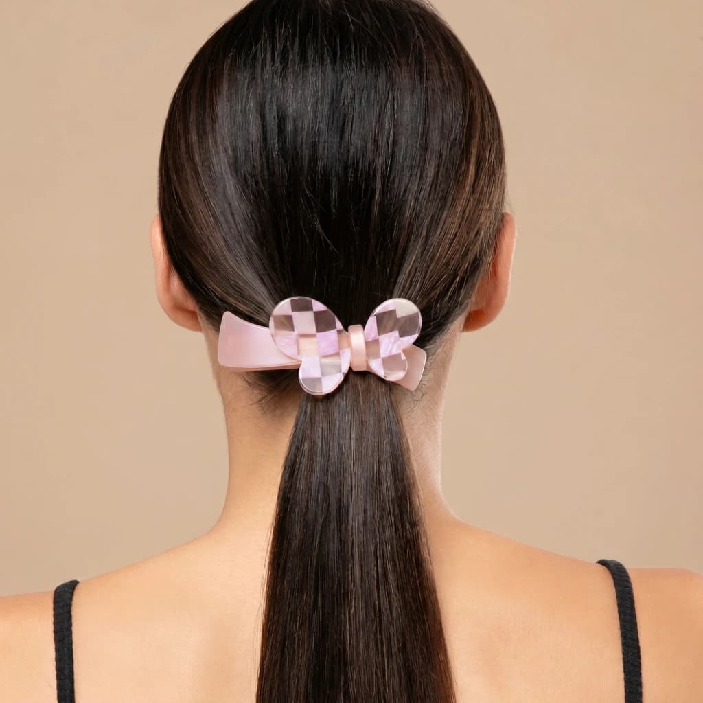 QDORA Pink Checkered Butterfly French Barrette image 3