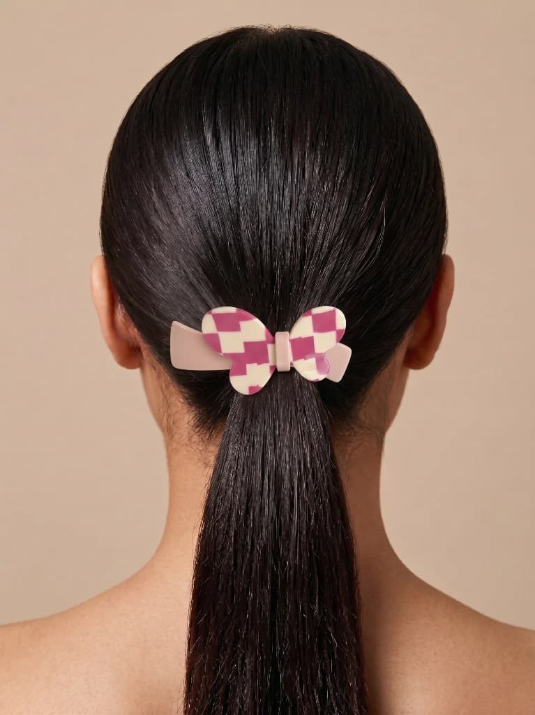 QDORA Magenta Checkered Butterfly French Barrette image 2