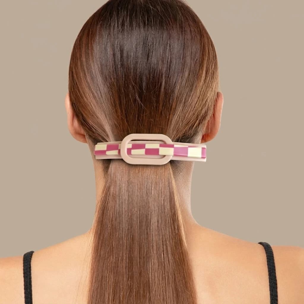 QDORA Magenta Checkered Oval French Barrette image 1
