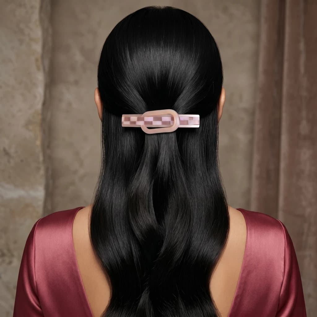 QDORA Pearl Pink Geometric Checkered Hair Barrette image 2