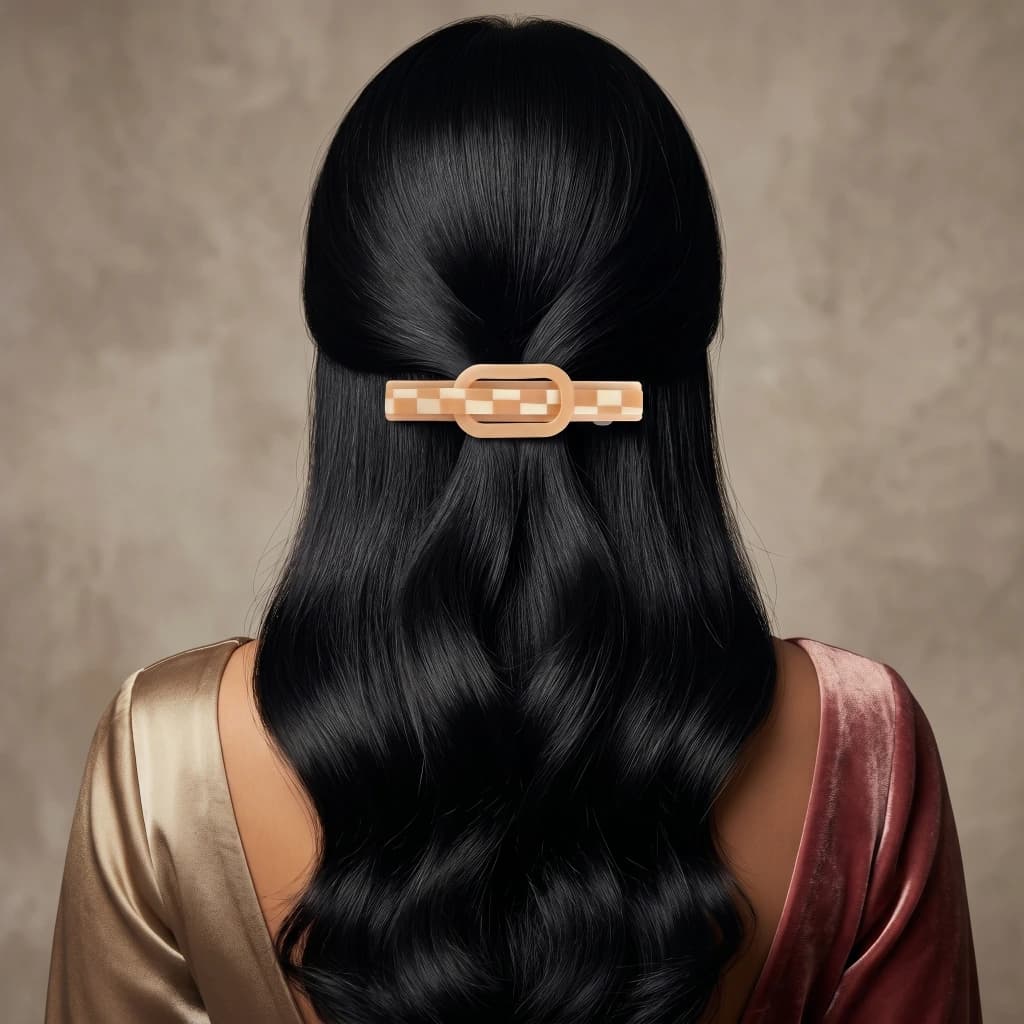 QDORA Beige Checkered Oval French Barrette image 1