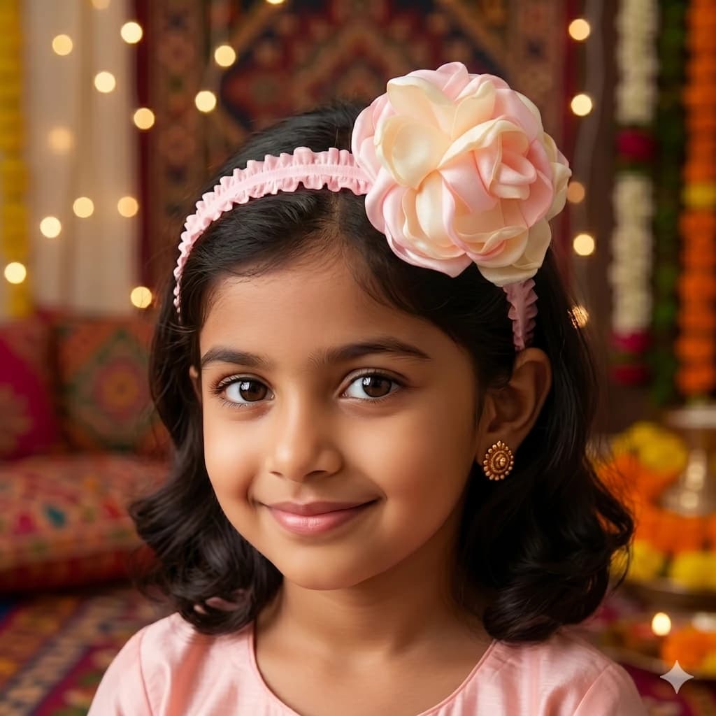 QDORA Pink Peach Satin Flower Elastic Hair Band image 1