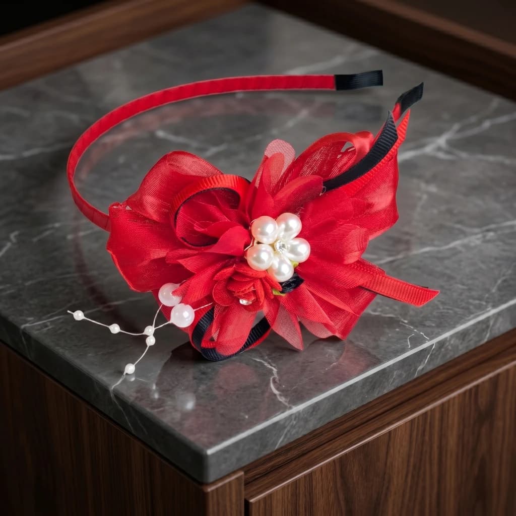 QDORA Red Bow Pearl Fabric Headband image 1