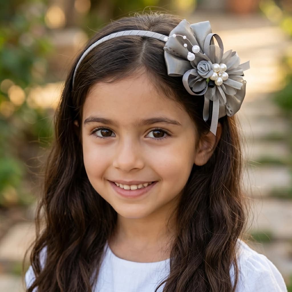 QDORA Grey Bow Pearl Fabric Headband image 1