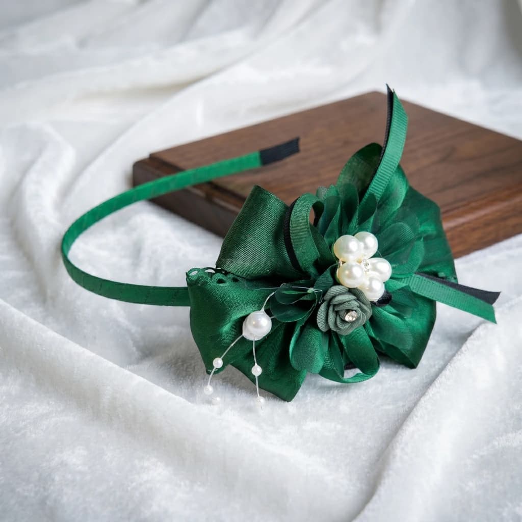 QDORA Green Bow Pearl Fabric Headband image 1