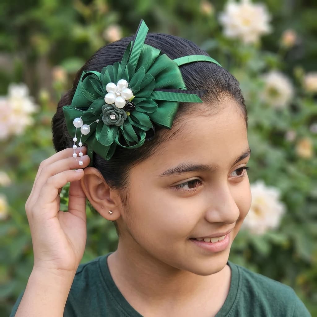 QDORA Green Bow Pearl Fabric Headband image 2
