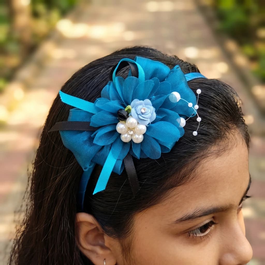 QDORA Blue Bow Pearl Fabric Headband image 1