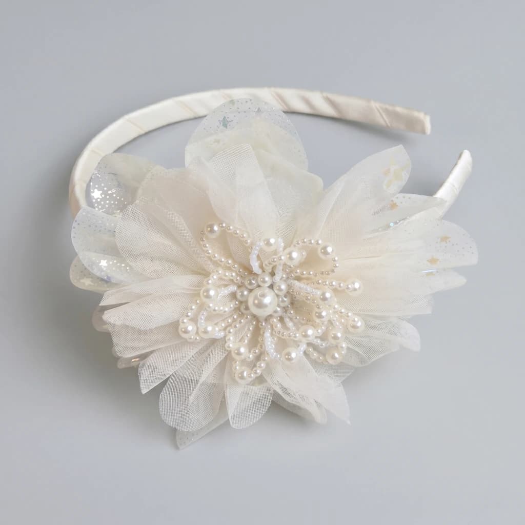 QDORA Off White Pearl Flower Fabric Headband image 2