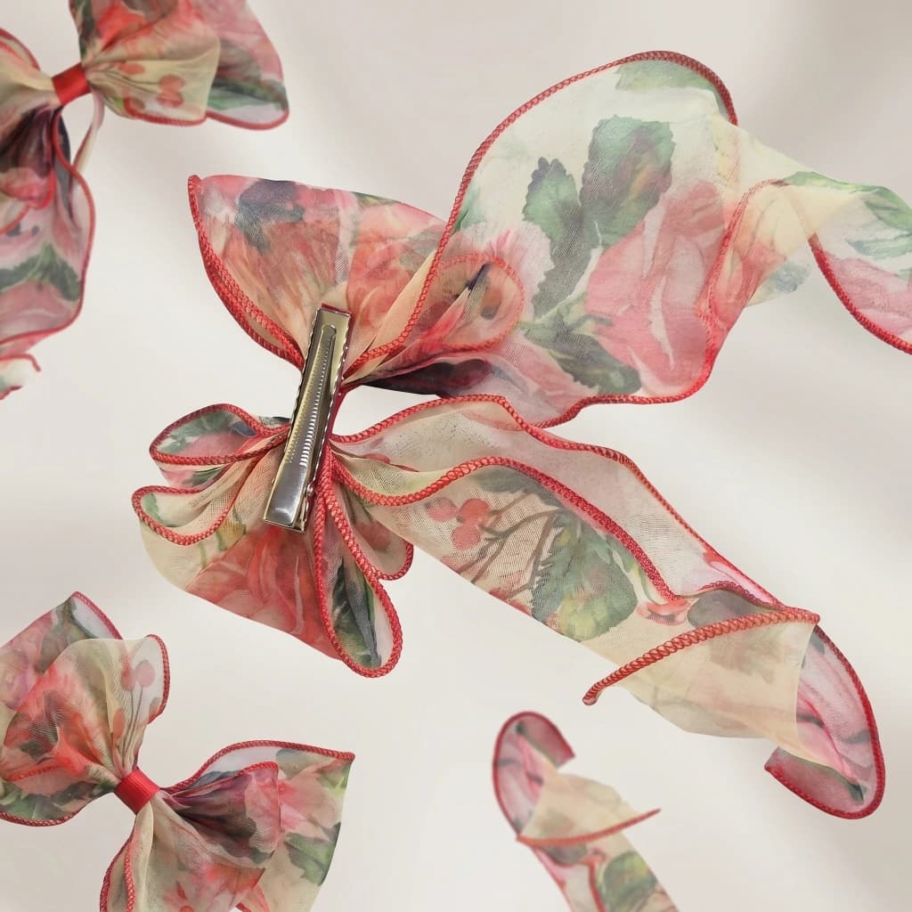 QDORA Red Floral Organza Hair Bow image 3