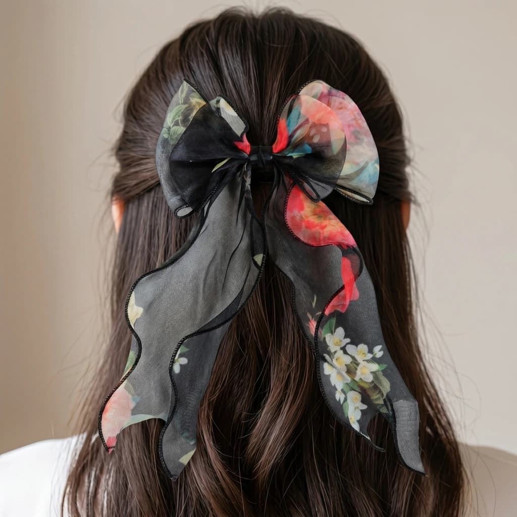 QDORA Black Floral Organza Hair Bow image 1